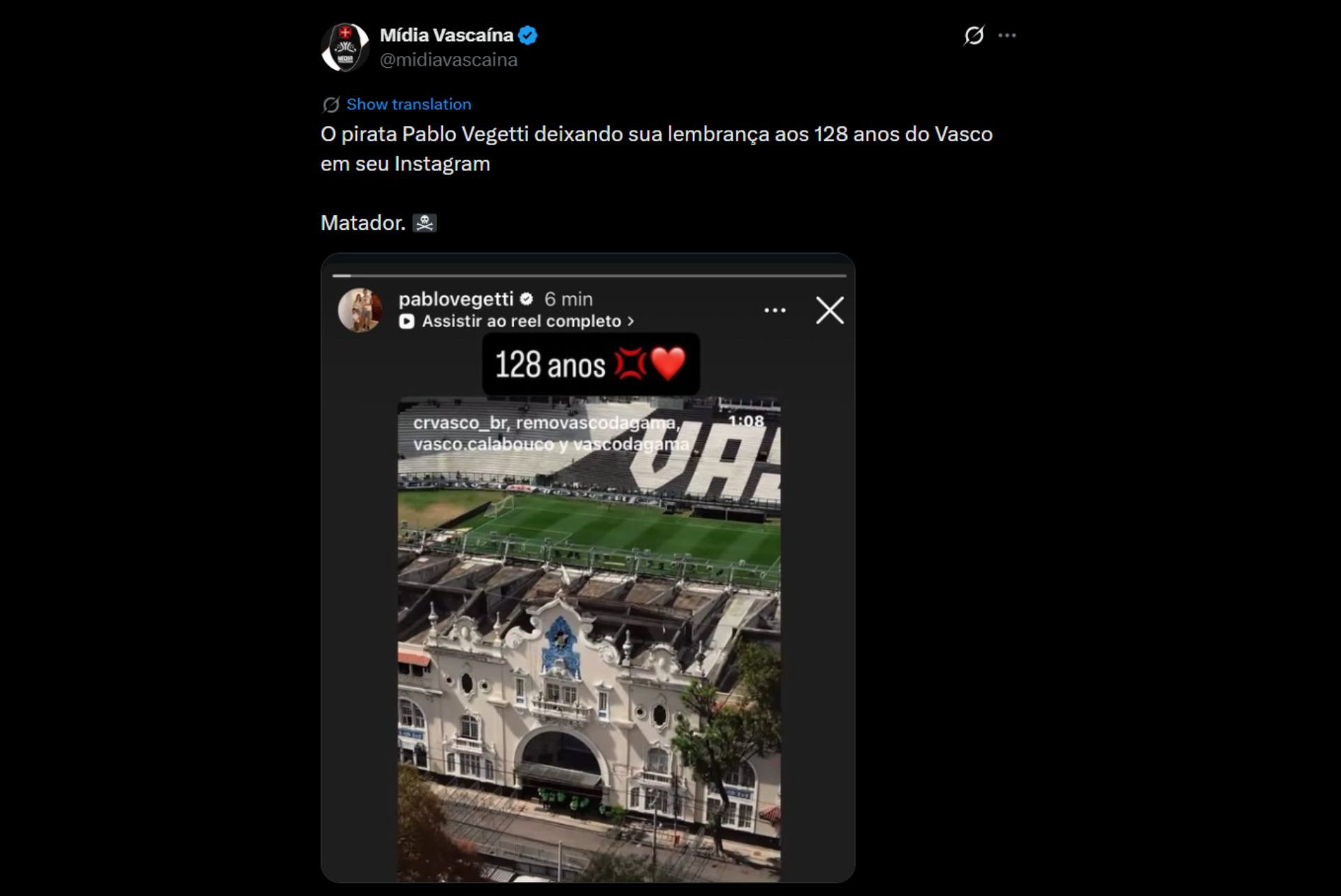Vasco recebe homenagens por aniversário de 128 anos - Reprodução / X