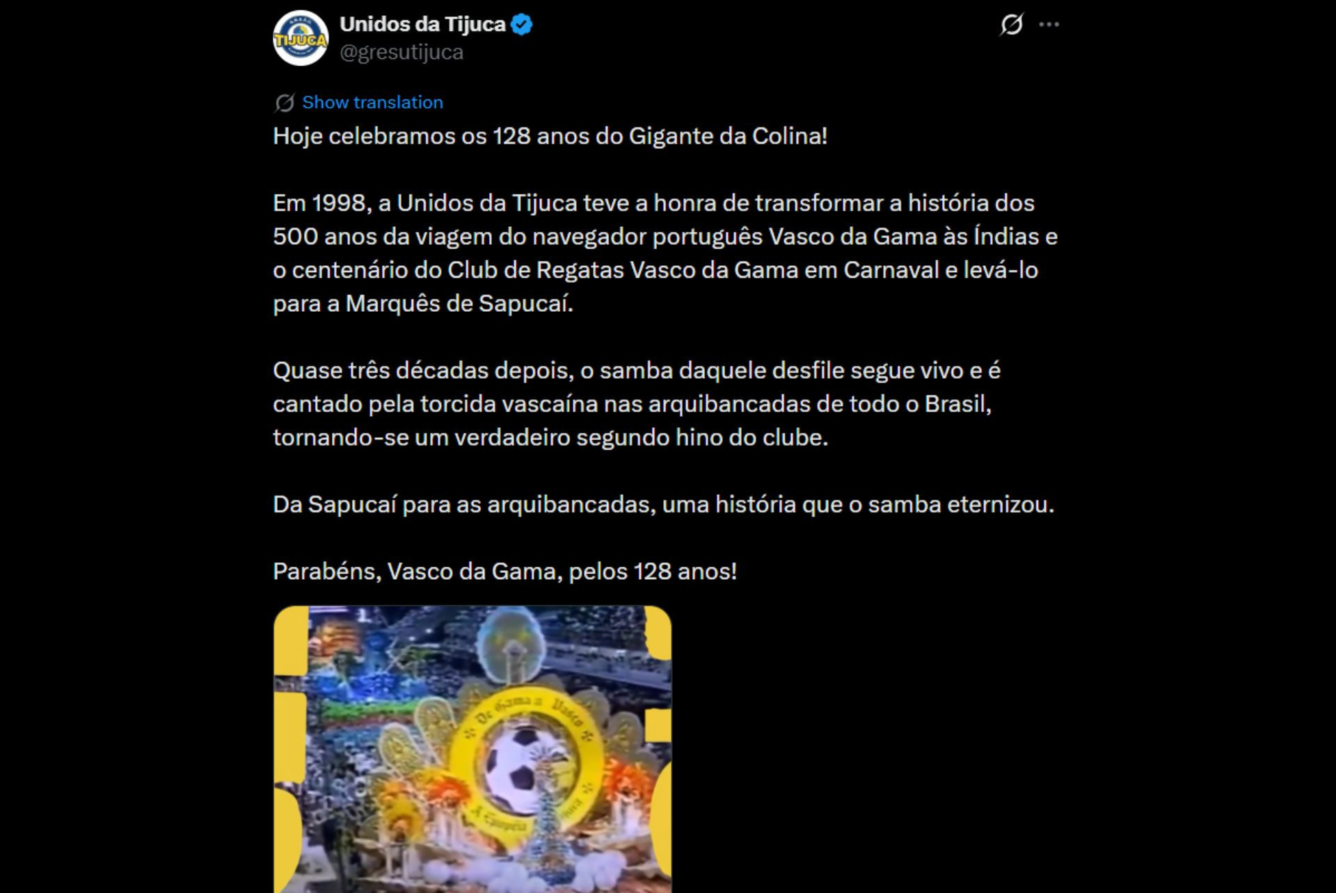 Vasco recebe homenagens por aniversário de 128 anos - Reprodução / X
