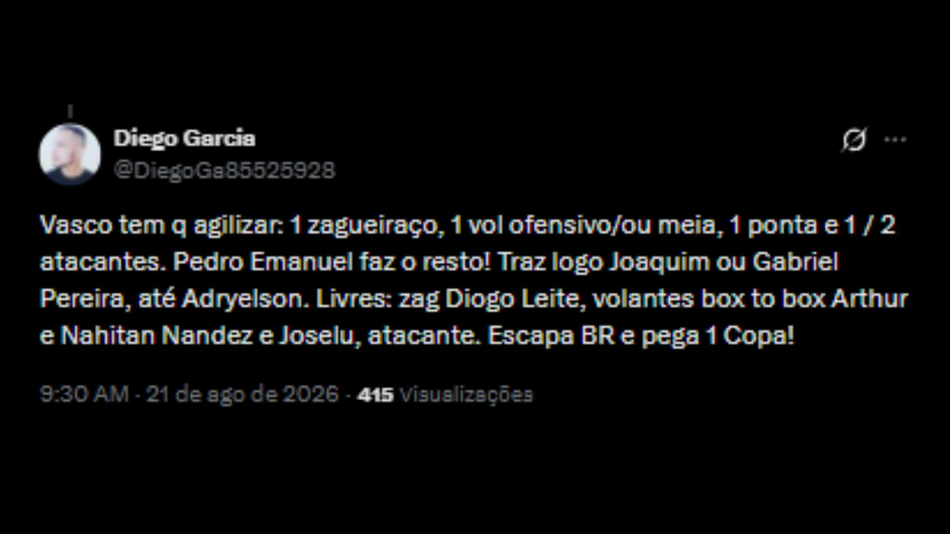 Torcedores do Vasco pedindo a contratação de Arthur Melo - Reprodução/X @DiegoGa85525928