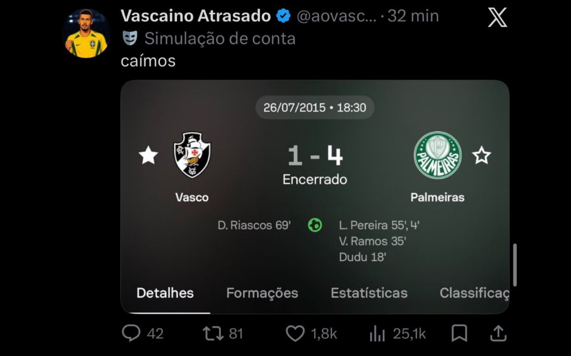 Internautas não perdoaram a goleada sofrida pelo Vasco, no Nubank Parque - Reprodução / Internet