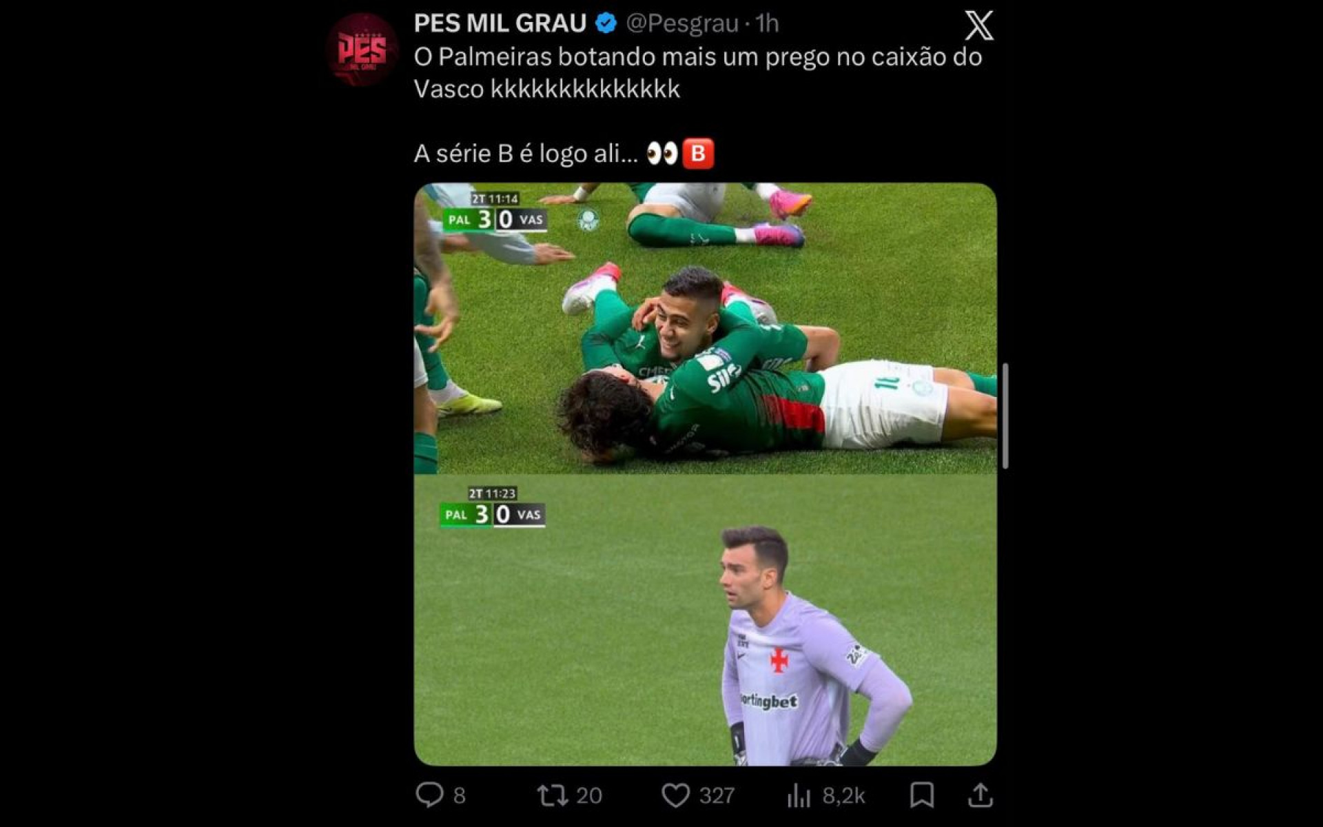 Internautas não perdoaram a goleada sofrida pelo Vasco, no Nubank Parque - Reprodução / Internet