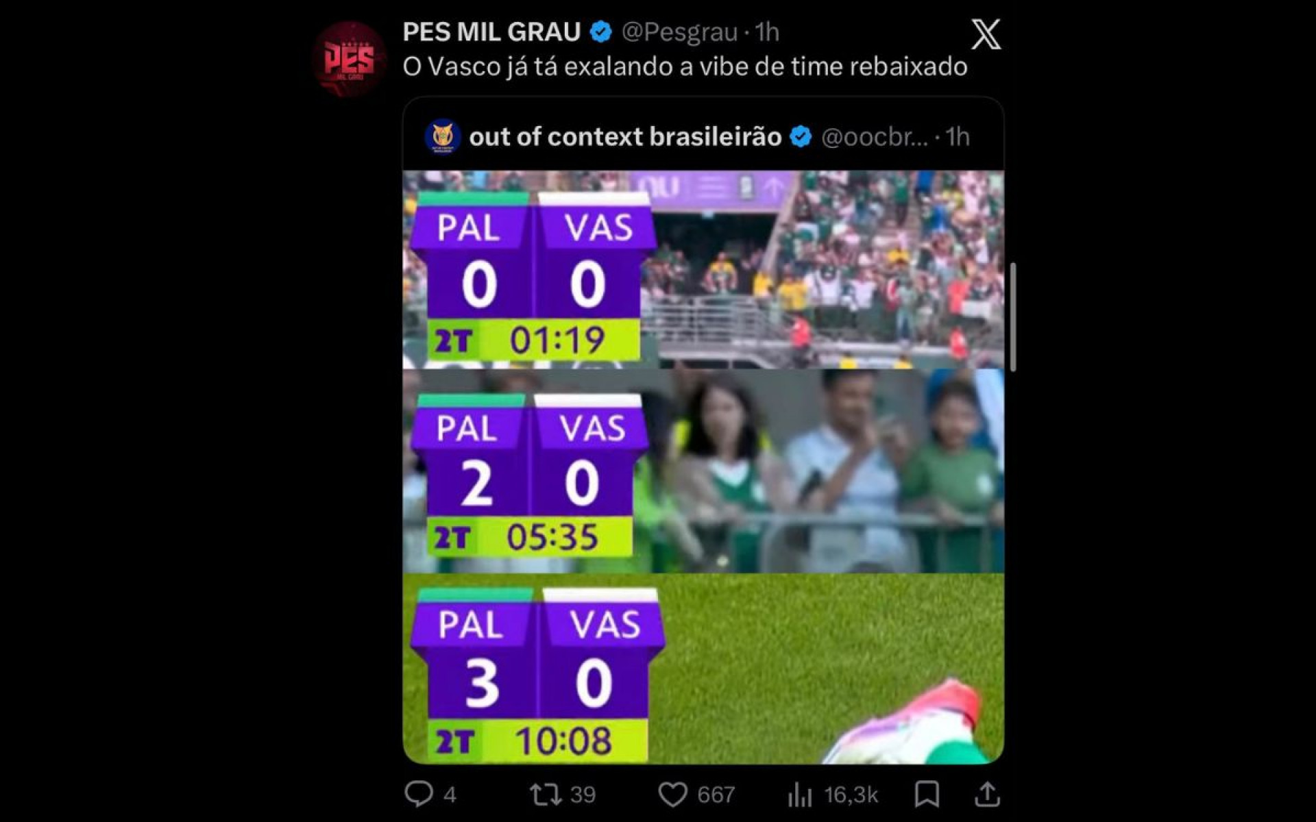 Internautas não perdoaram a goleada sofrida pelo Vasco, no Nubank Parque - Reprodução / Internet
