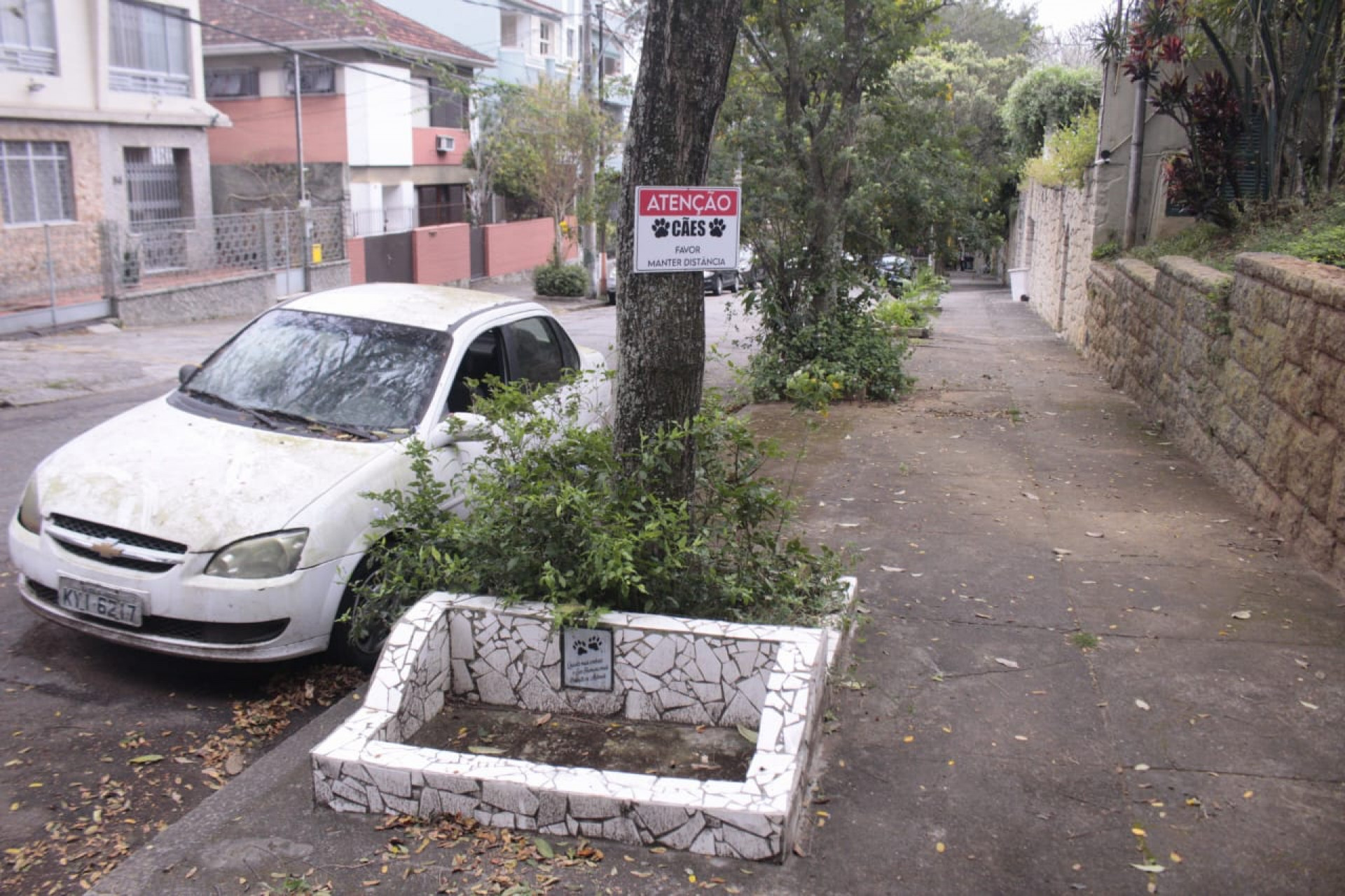 Placa alerta sobre presen&ccedil;a de c&atilde;es na Rua Sab&oacute;ia Lima, onde cachorro foi morto a tiros - Carlos Elias Junior / Ag&ecirc;ncia O Dia