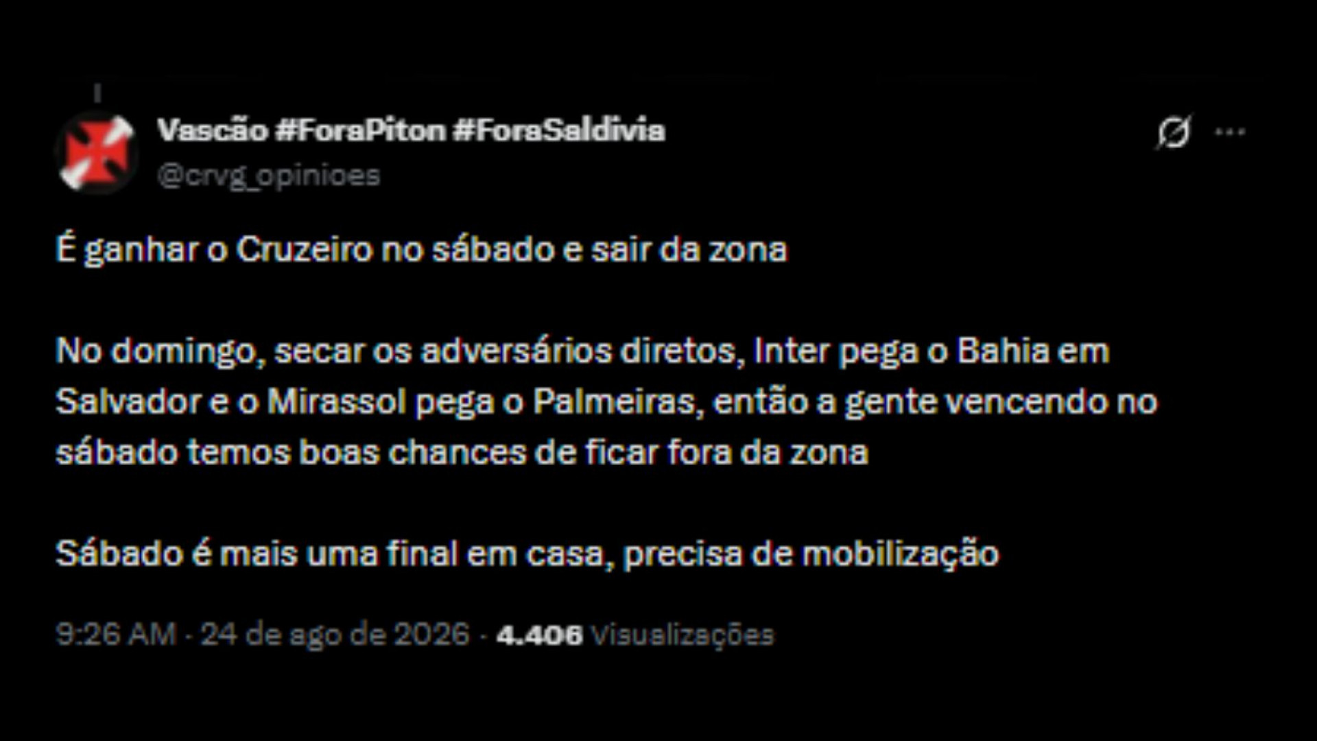 Torcedores do Vasco comentando a possibilidade de escapar do rebaixamento - Reprodução/X @crvg_opinioes