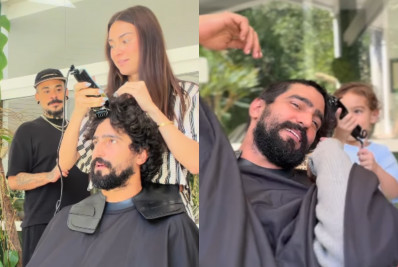Thaila Ayala e filhos raspam cabelo de Renato Góes; veja vídeo