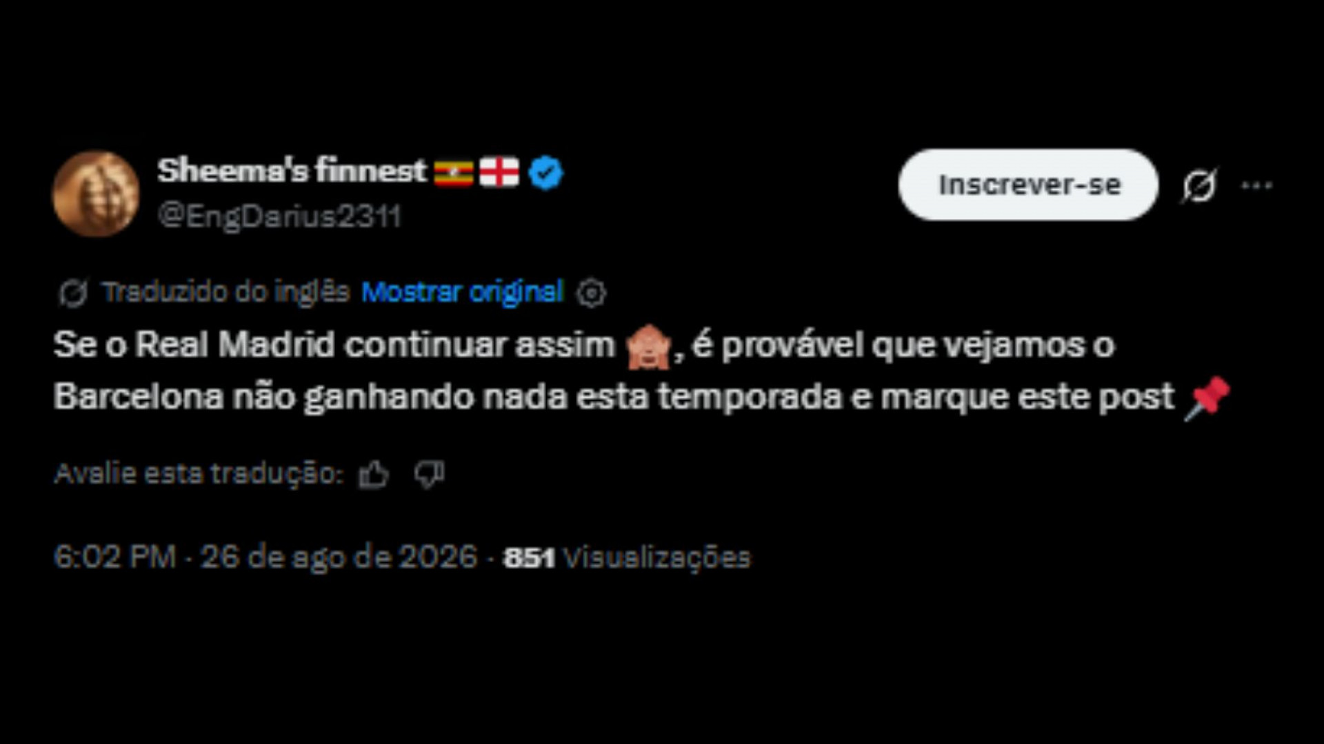 Torcedores exaltando trio de craques do Real Madrid: Mbappé, Vini Júnior e Bellingham - Reprodução/X @EngDarius2311