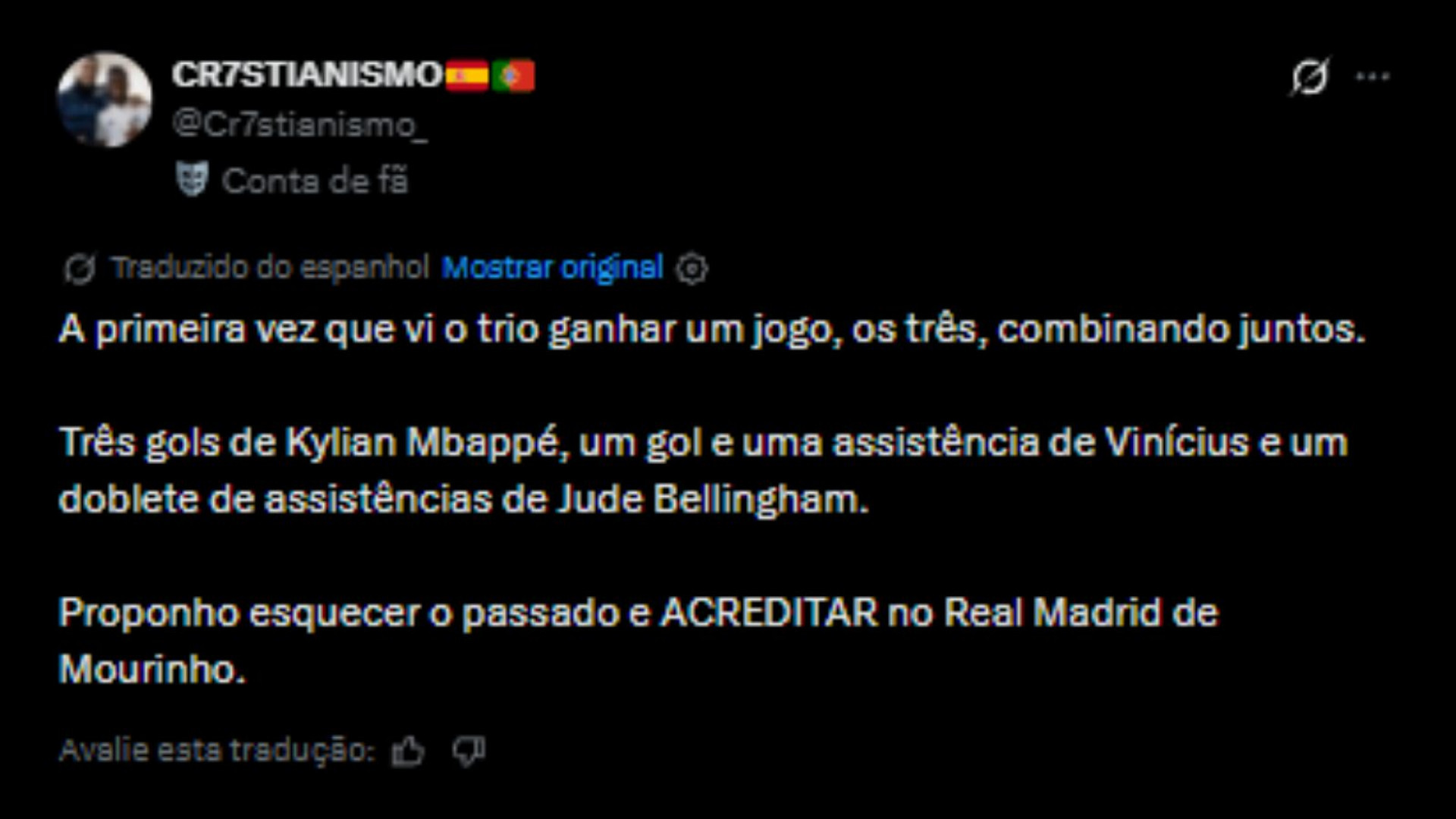 Torcedores exaltando trio de craques do Real Madrid: Mbappé, Vini Júnior e Bellingham - Reprodução/X @Cr7stianismo_