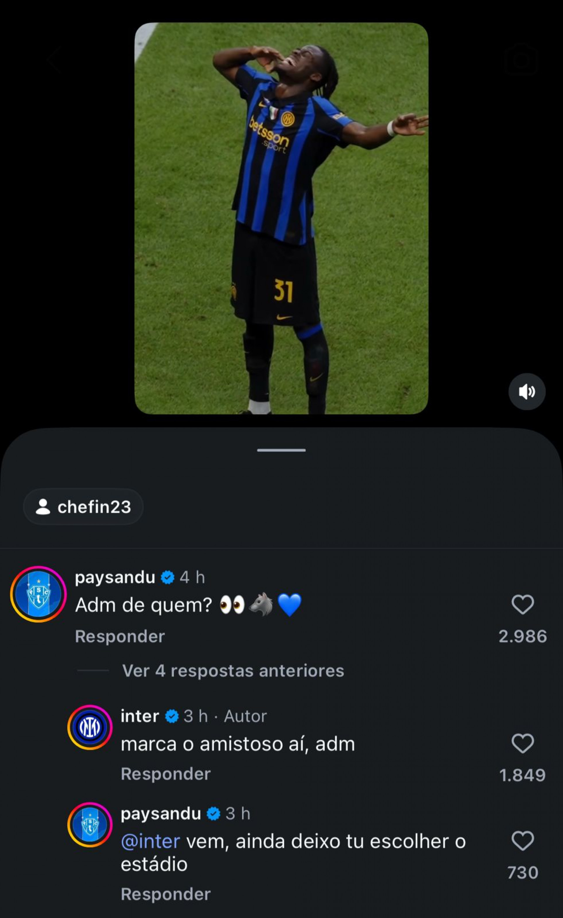 Intera&ccedil;&atilde;o entre os perfis de Inter de Mil&atilde;o e Paysandu - Reprodu&ccedil;&atilde;o / Instagram