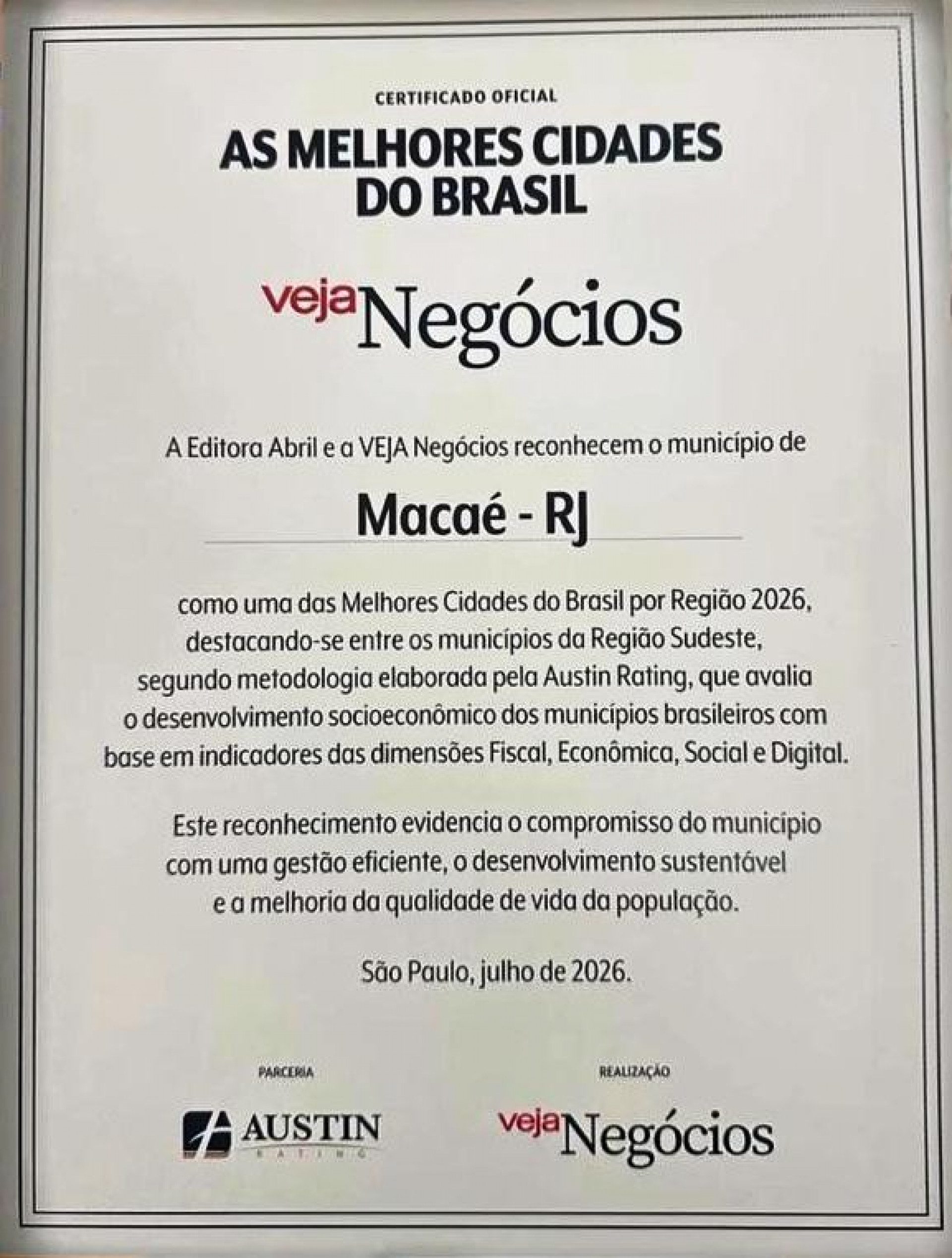 Reconhecimento da Veja Neg&oacute;cios coloca Maca&eacute; entre as Melhores Cidades do Brasil por Regi&atilde;o em 2026 - Foto: Reprodu&ccedil;&atilde;o de v&iacute;deo rede social