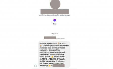Print enviado ao iG por Luiz Felipe, dono do perfil @rio_destaque, mostra uma abordagem feita por uma plataforma de apostas por meio do Instagram - Reprodu&ccedil;&atilde;o/Arquivo pessoal