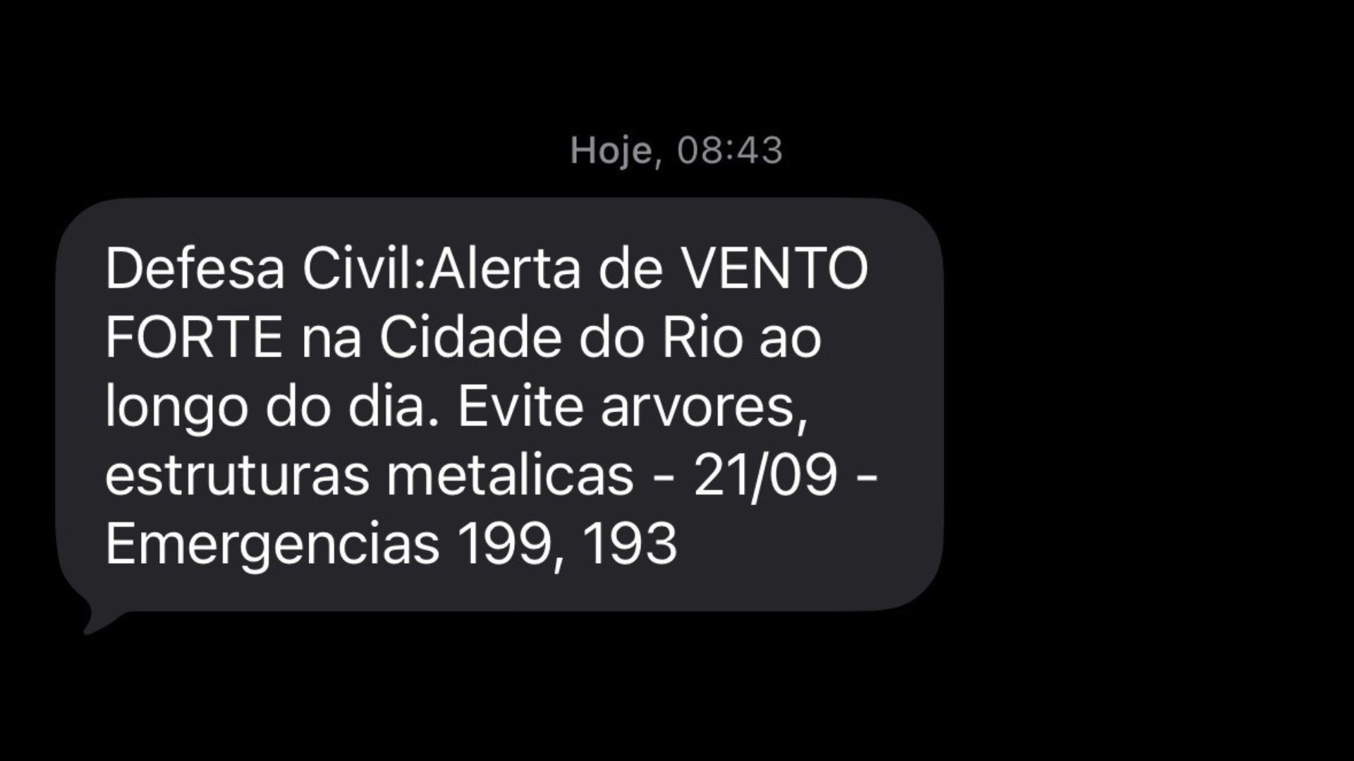 Alerta foi enviado pela Defesa Civil por SMS