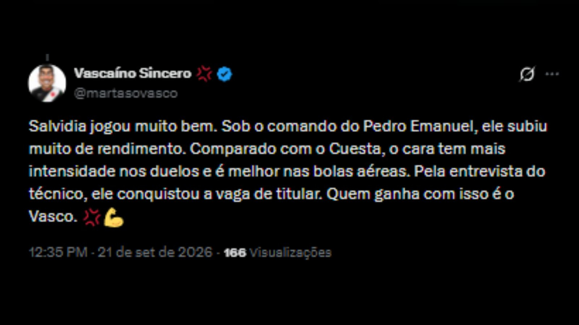 Comentários sobre o crescimento de Saldivia com a chegada de Pedro Emanuel - Reprodução/X @martasovasco