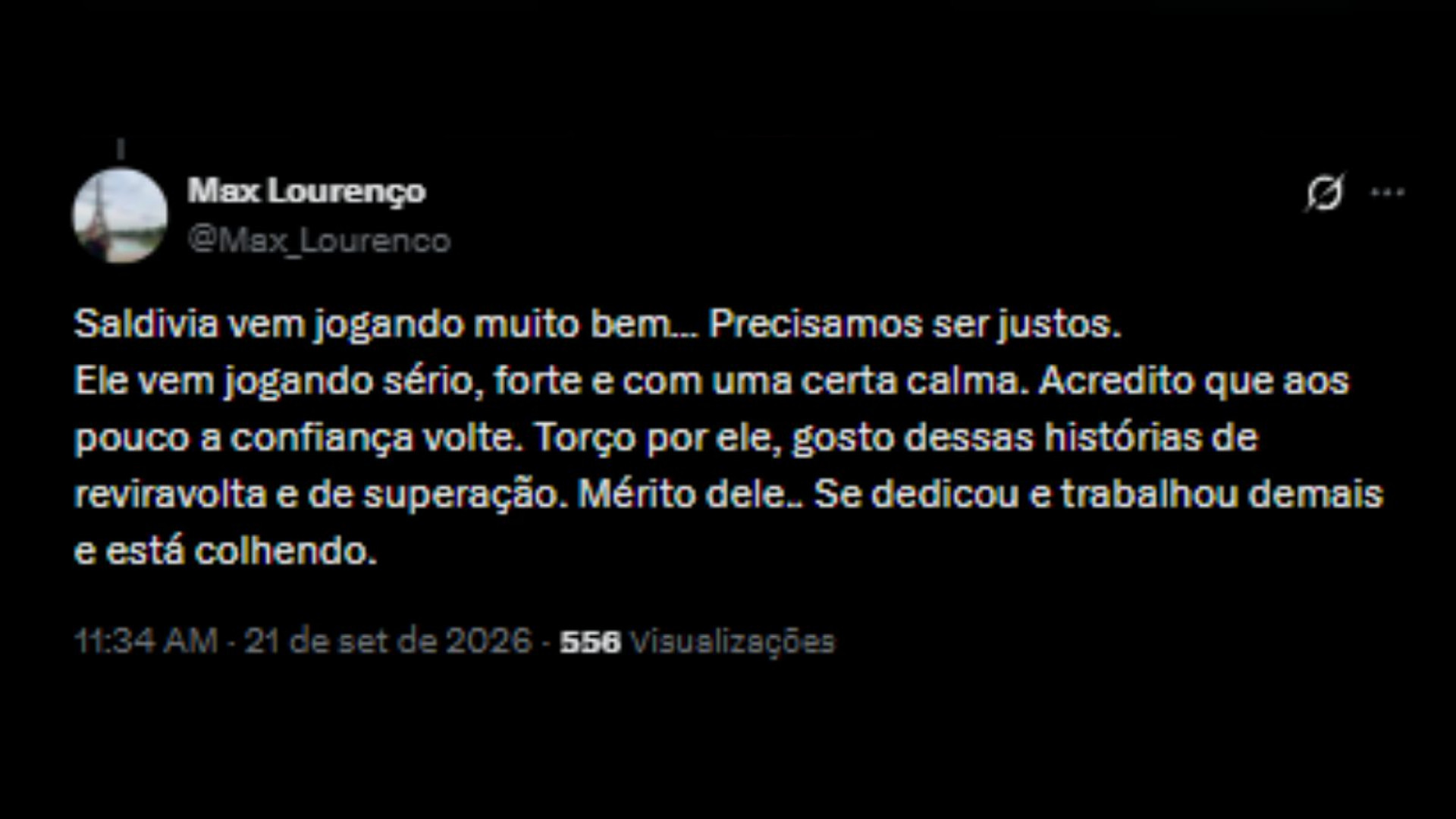 Comentários sobre o crescimento de Saldivia com a chegada de Pedro Emanuel - Reprodução/X @Max_Lourenco