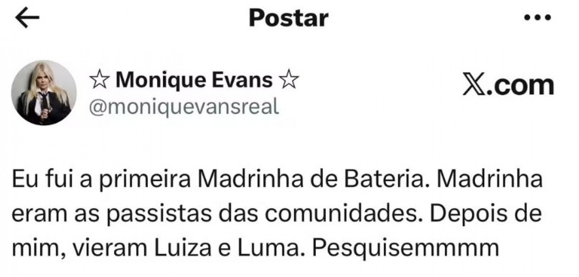 Monique Evans questiona pioneirismo no Carnaval após coroação de Anitta - Reprodução X