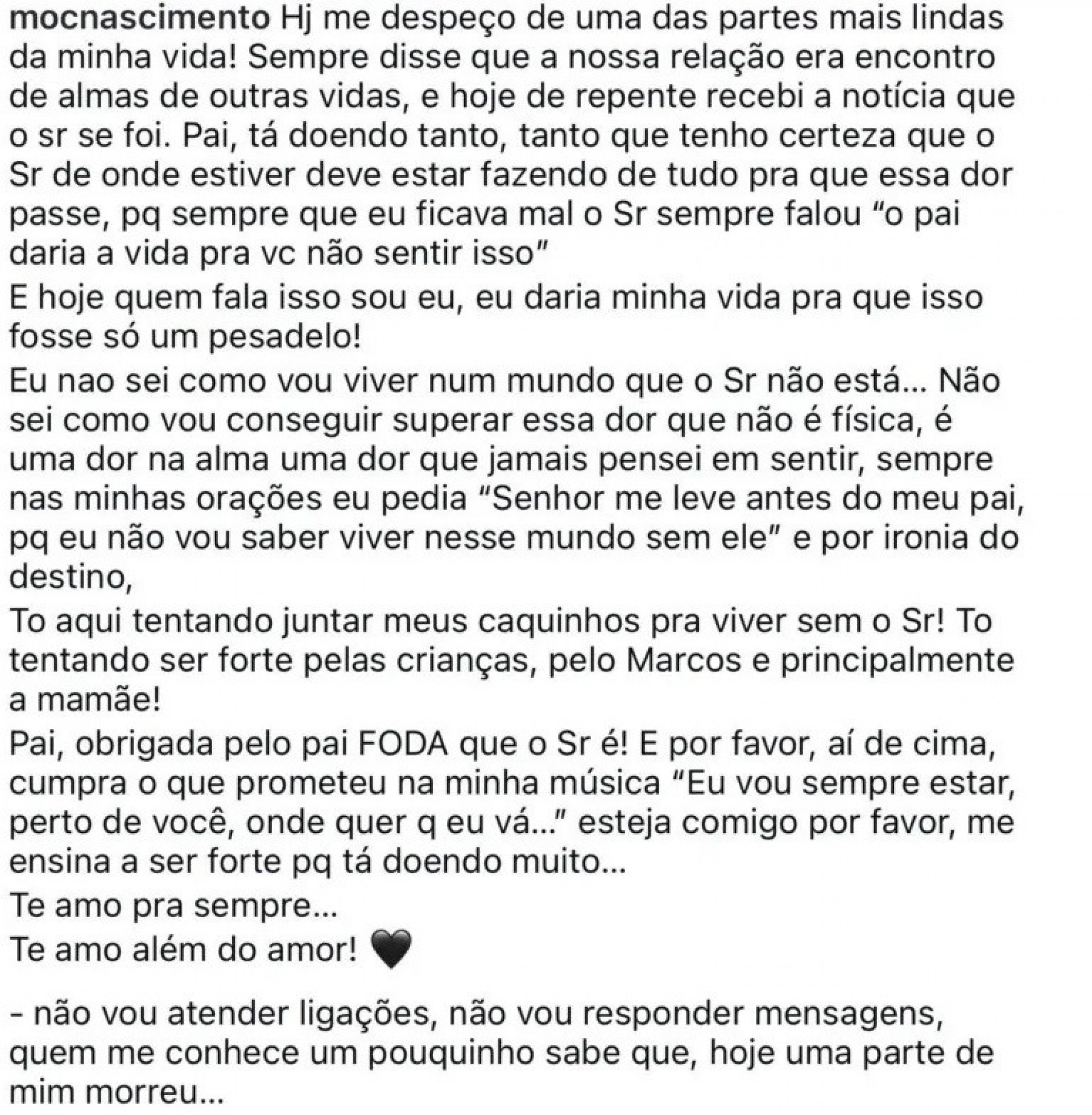 Primogênita de Rick publicou texto emocionante após falecimento do sertanejo - Reprodução/Instagram