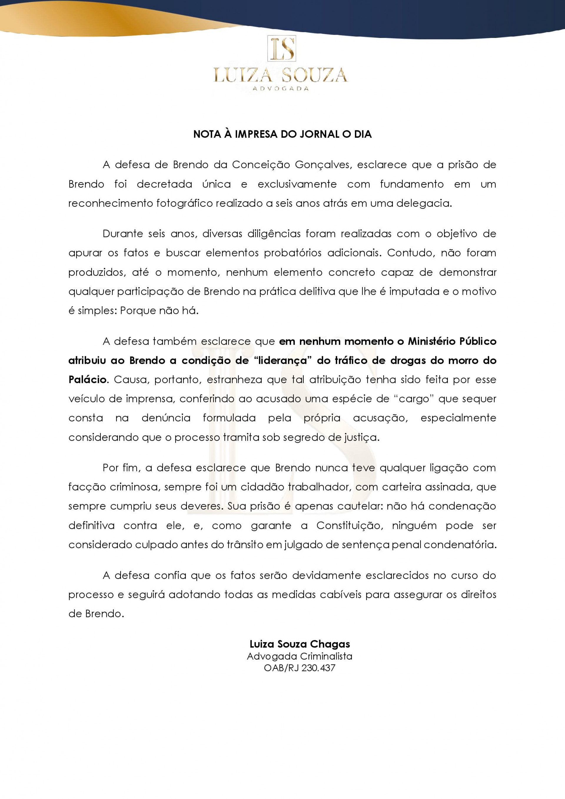 Defesa de Brendo se posiciona, em nota, em rela&ccedil;&atilde;o ao caso - Reprodu&ccedil;&atilde;o