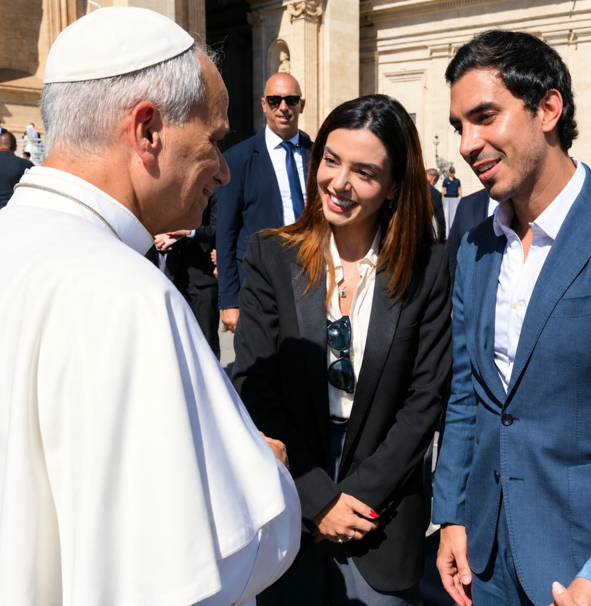 Giovanna Lancellotti e Gabriel David durante o encontro com o Papa Leão XIV no Vaticano
