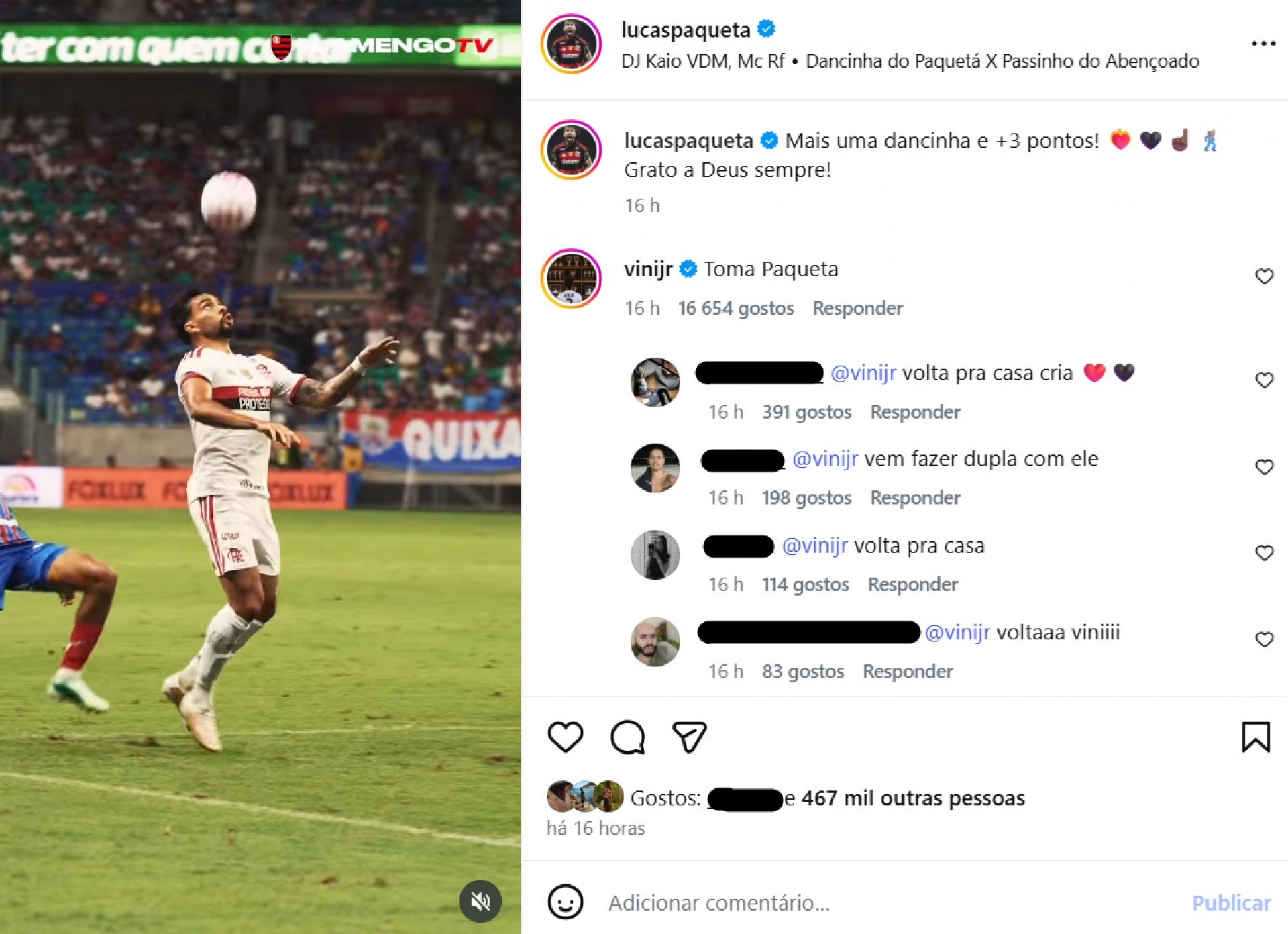 Vini Jr comentou postagem de Lucas Paquetá - Reprodução / Instagram