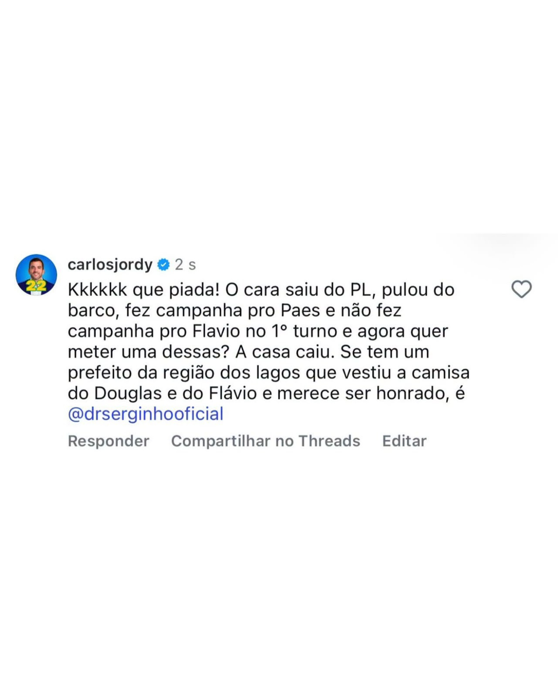 Senador eleito Carlos Jordy reage na rede social - Reprodu&ccedil;&atilde;o Instagram