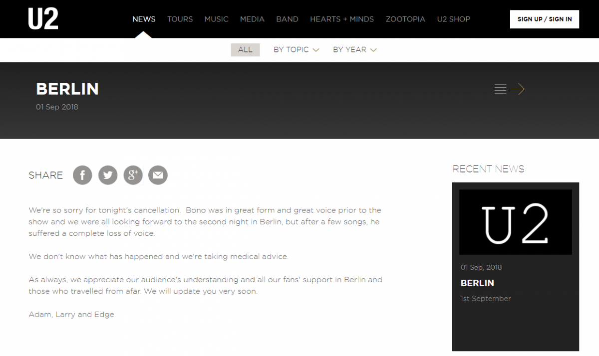 Nota sobre o cancelamento publicada no site oficial da banda 