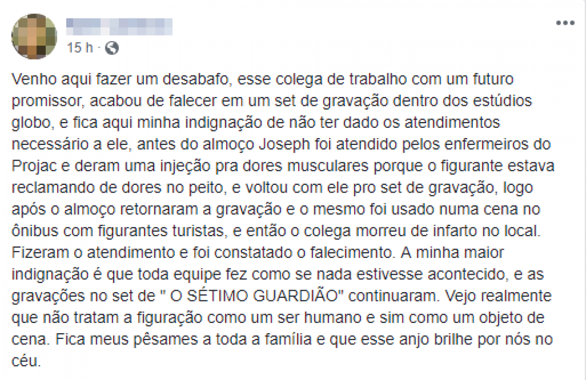 Colegas lamentam morte de jovem figurante durante gravações de 'O Sétimo Guardião'