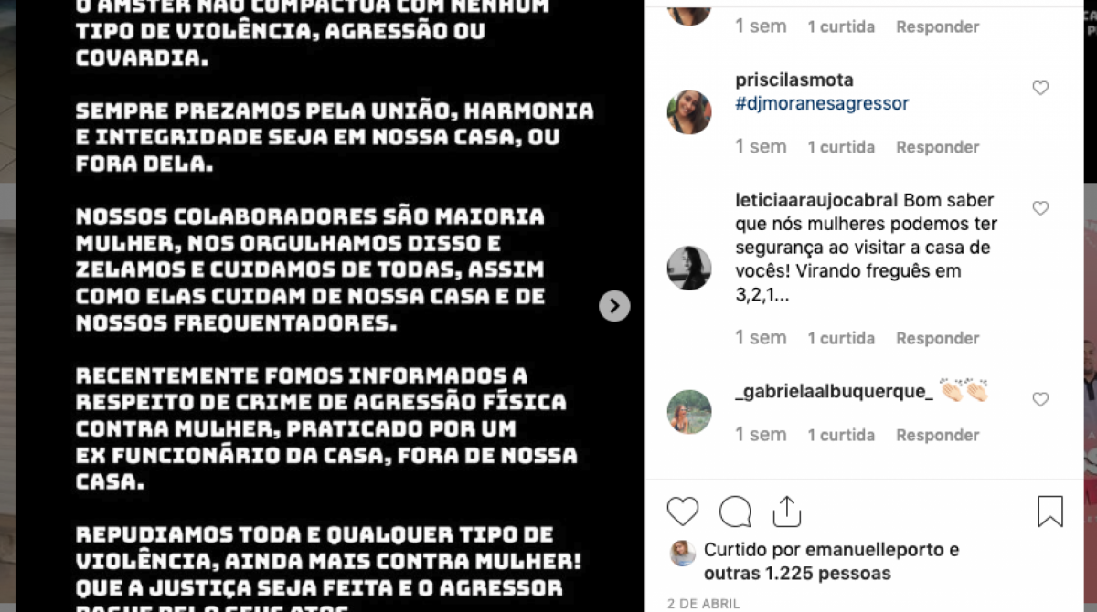 A boate Amster se manifestou contra a agressão do DJ da casa em sua página no Instagram