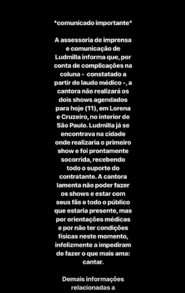 Assessoria de Ludmilla explicou no Instagram o motivo do cancelamento dos shows 
