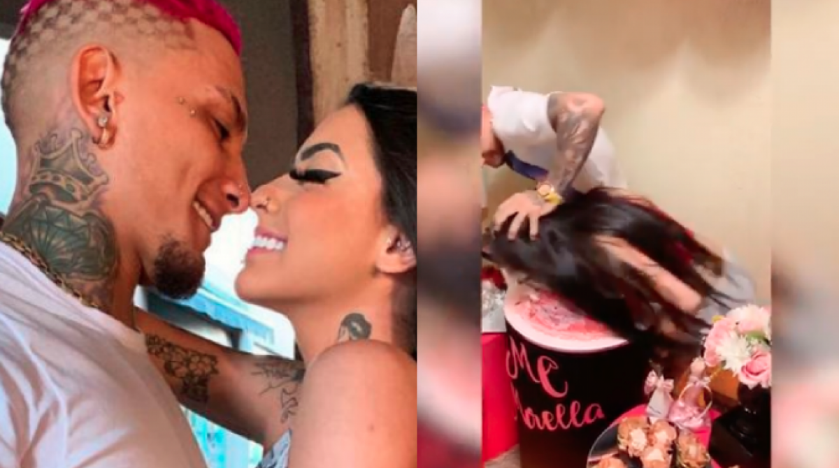 Namorado empurra rosto de MC Mirella em bolo de aniversário - Reprodução Internet