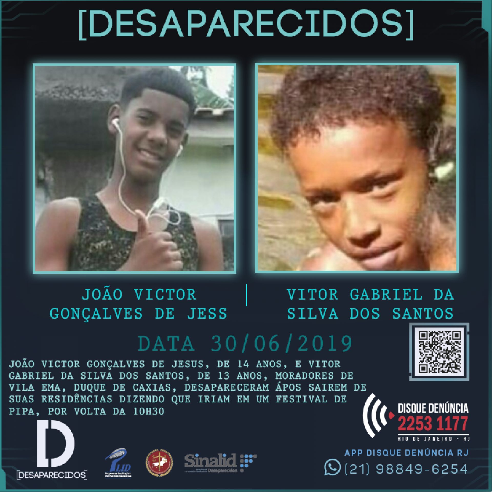 Disque Denúncia pede informações sobre adolescentes desaparecidos  - Divulgação