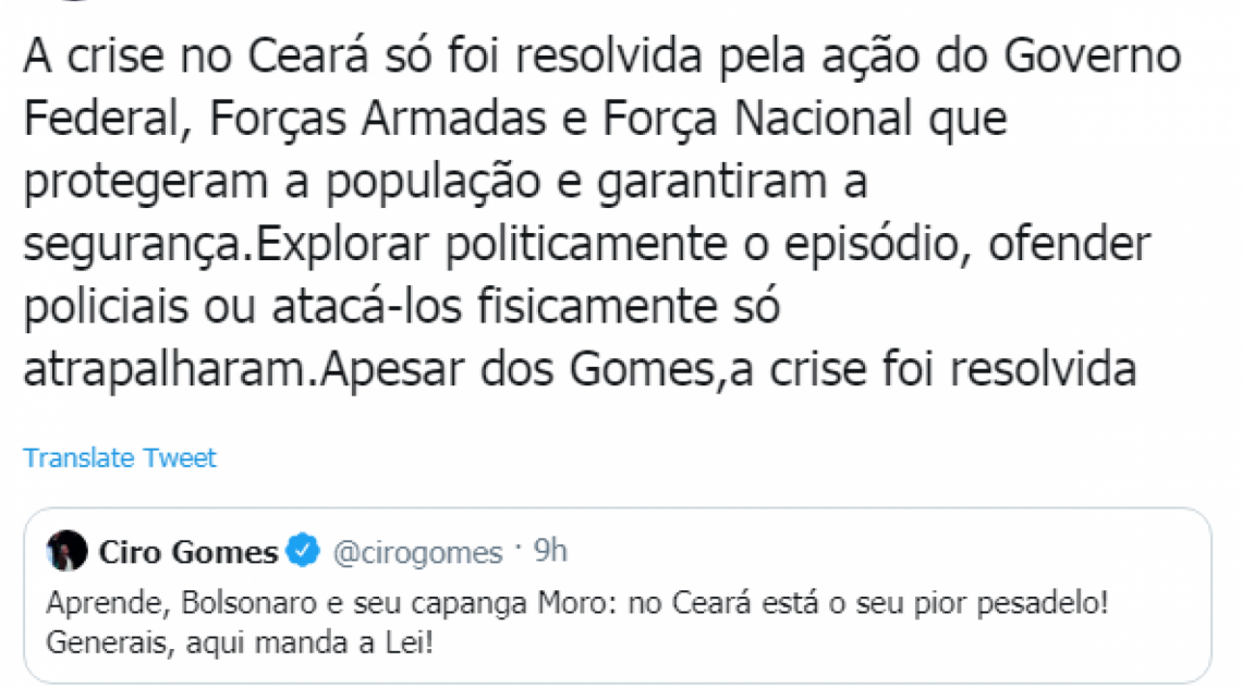 Sérgio Moro responde Ciro Gomes sobre motim de policiais no Ceará - Reprodução / Twitter