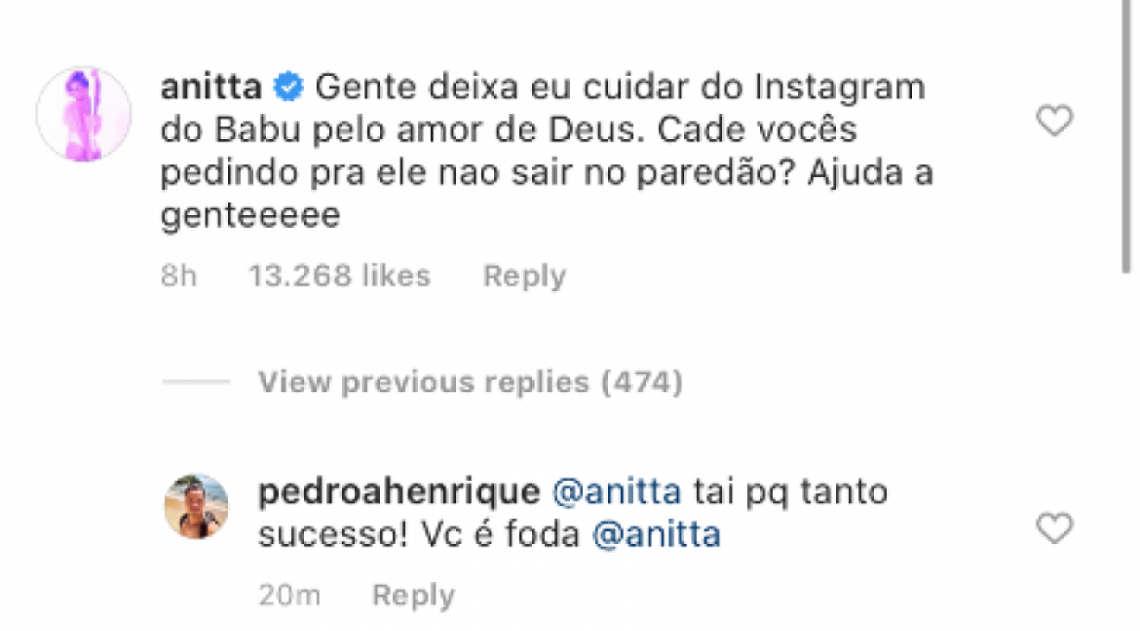 Anitta pede para tomar conta do Instagram de Babu