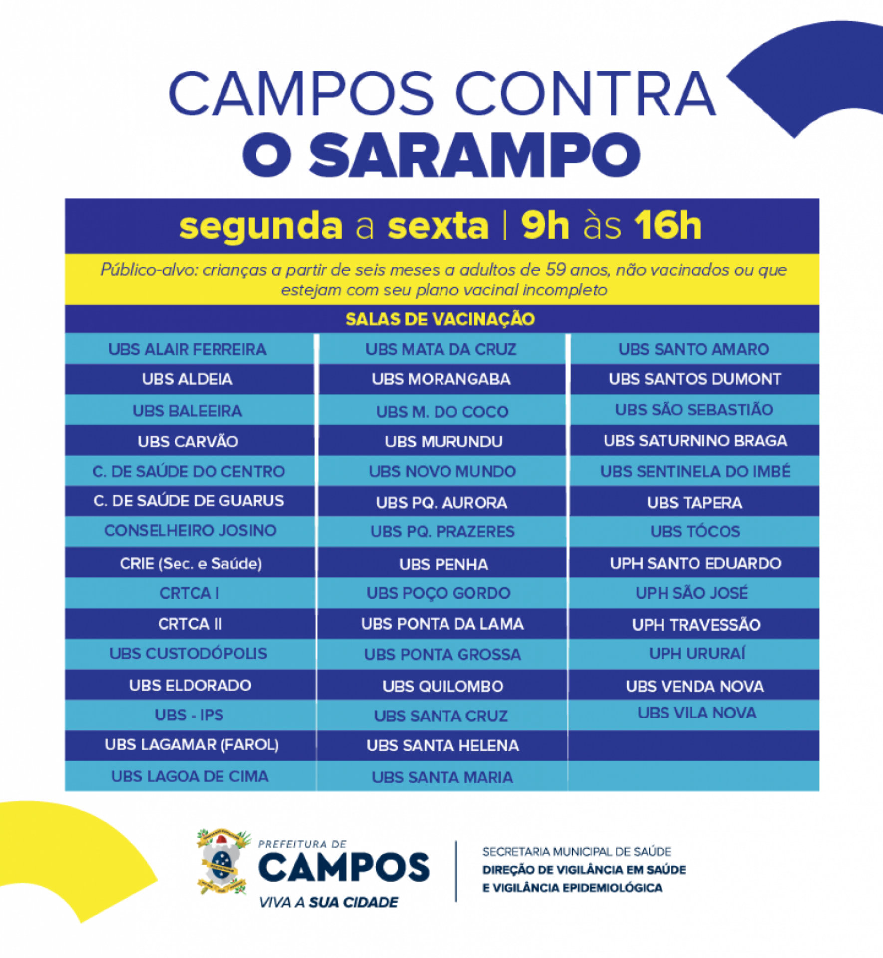 Listagem com os postos de saúde que oferecem a vacina contra o sarampo em Campos