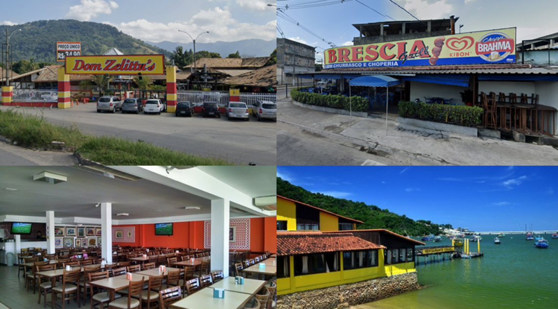 No alto, à esquerda, fachada do Dom Zellitu´s; embaixo, à esquerda, lugares vazios no Mineiro Grill; no alto, à direita, Nova Bréscia; embaixo, à direita, beleza do Visual de portas fechadas - Reprodução internet