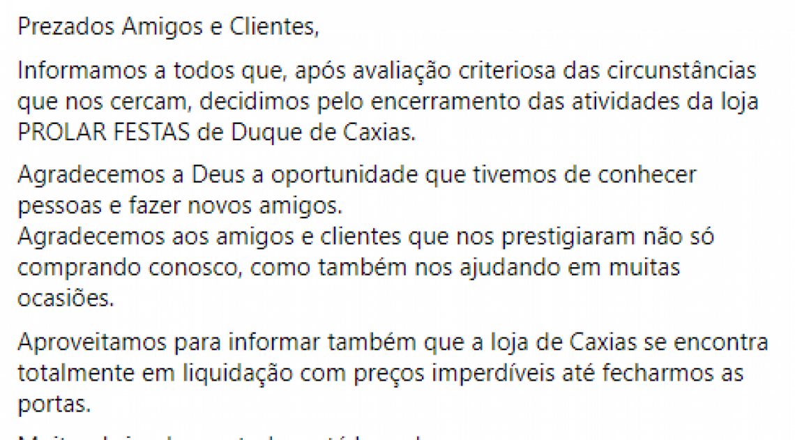 Anúncio foi feito no Facebook da Prolar Festas