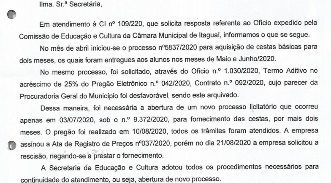 O texto do ofício para a Câmara que esclarece o revés: empresa desistiu de fornecer as cestas