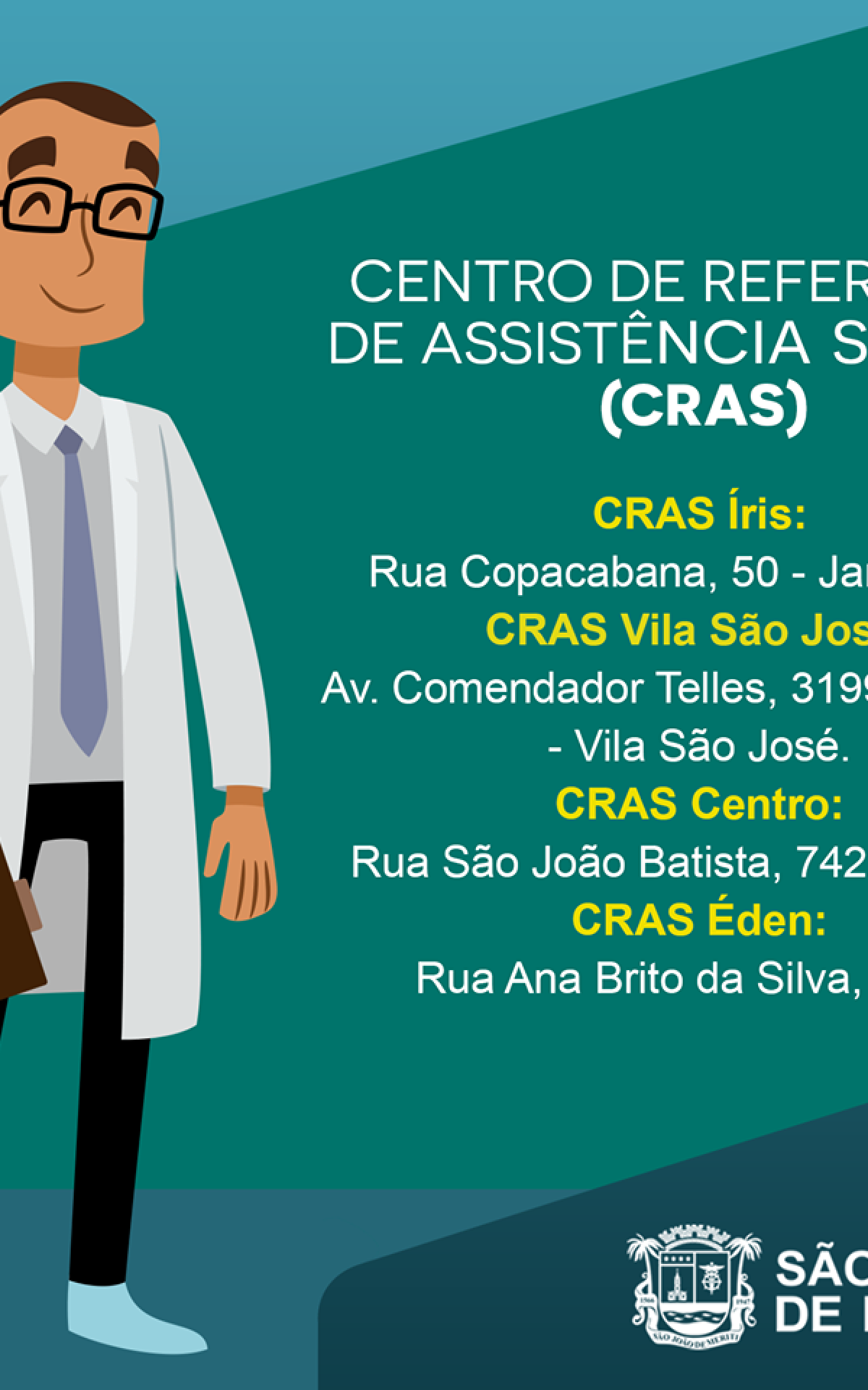 Endereço dos Centros de Referência de Assistência Social no município. 