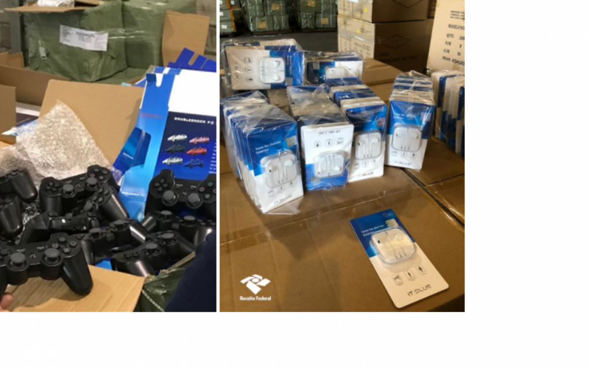 Controles de videogame imitam produtos da Playstation e fones imitam marca Apple: mais apreensões da Receita Federal em Itaguaí - Divulgação - Receita Federal