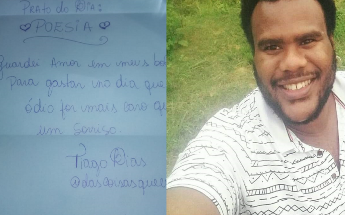 Artista da Baixada Fluminense, Tiago Dias entrega quentinhas unida de uma poesia escrita por ele.