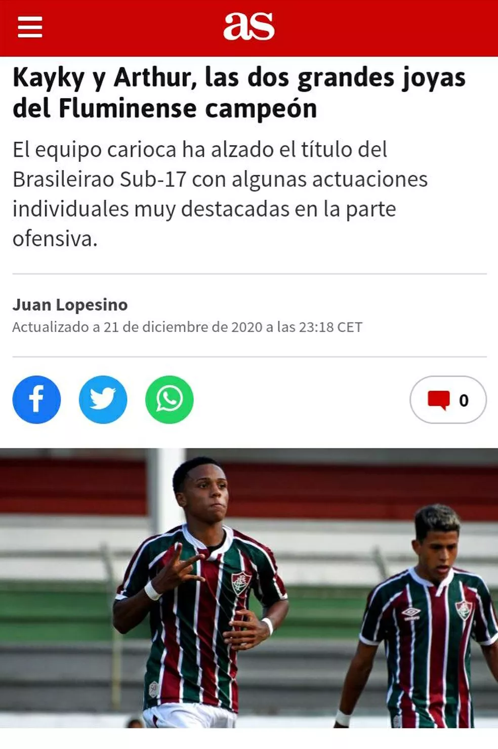 Jornal "AS" destaca jovens do Fluminense - Reprodução