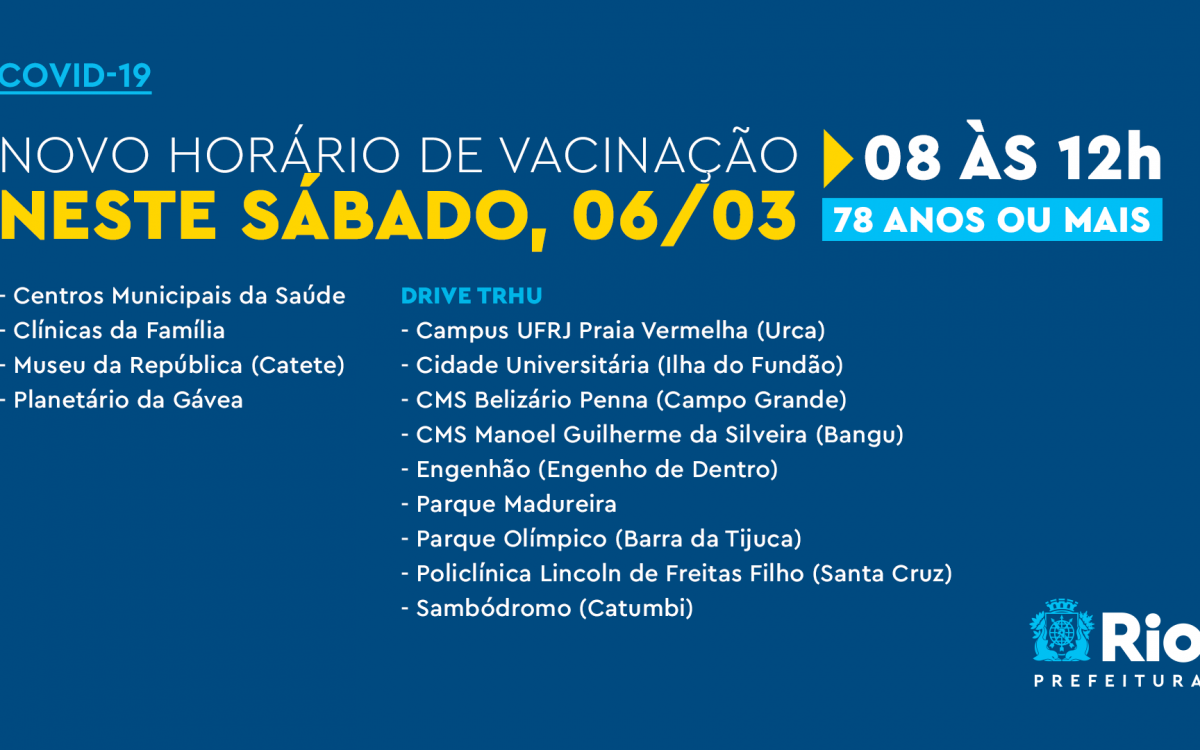 Confira os pontos de vacina&ccedil;&atilde;o da cidade do Rio e o hor&aacute;rio de funcionamento deste s&aacute;bado (6)