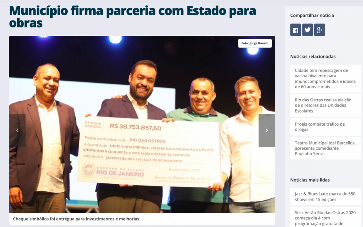 Em abril do ano passado, o prefeito Marcelino recebeu do Estado o valor de R$ 38.753.857,60, relativo &agrave; Regionaliza&ccedil;&atilde;o de Servi&ccedil;os de Abastecimento de &Aacute;gua e Esgotamento Sanit&aacute;rio