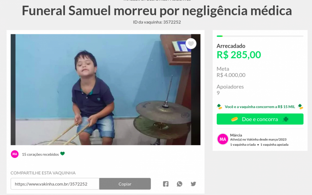 Familiares de Samuel vivem de bicos de faxina e abriram uma vaquinha virtual para cobrir os custos do enterro