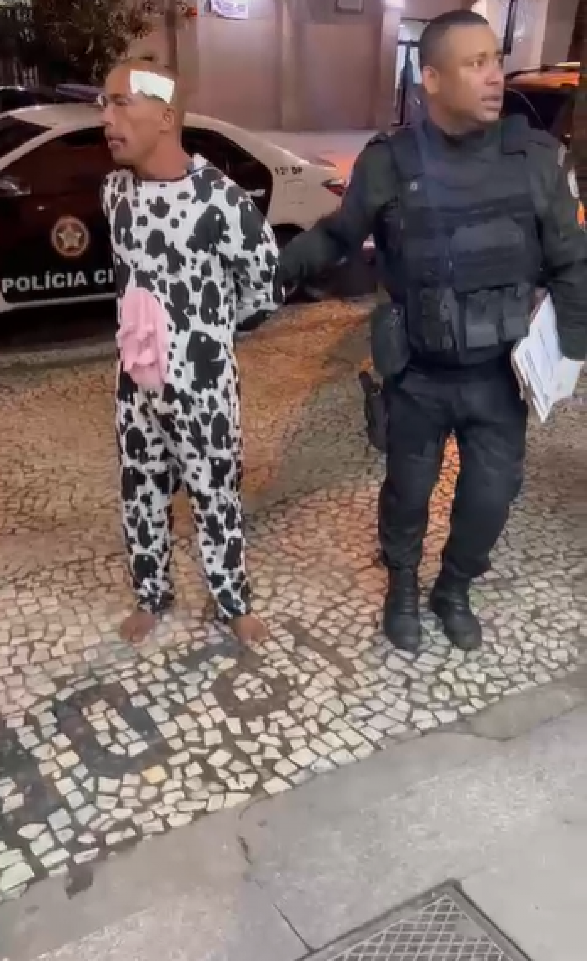 Homem fantasiado de vaca foi levado para a delegacia ap&oacute;s um desentendimento com uma mulher em Copacabana