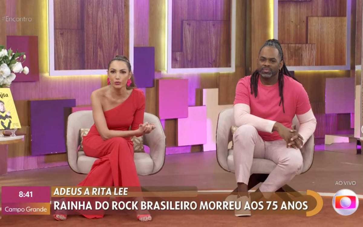 Patr&iacute;cia Poeta e Manoel Soares no palco do 'Encontro'