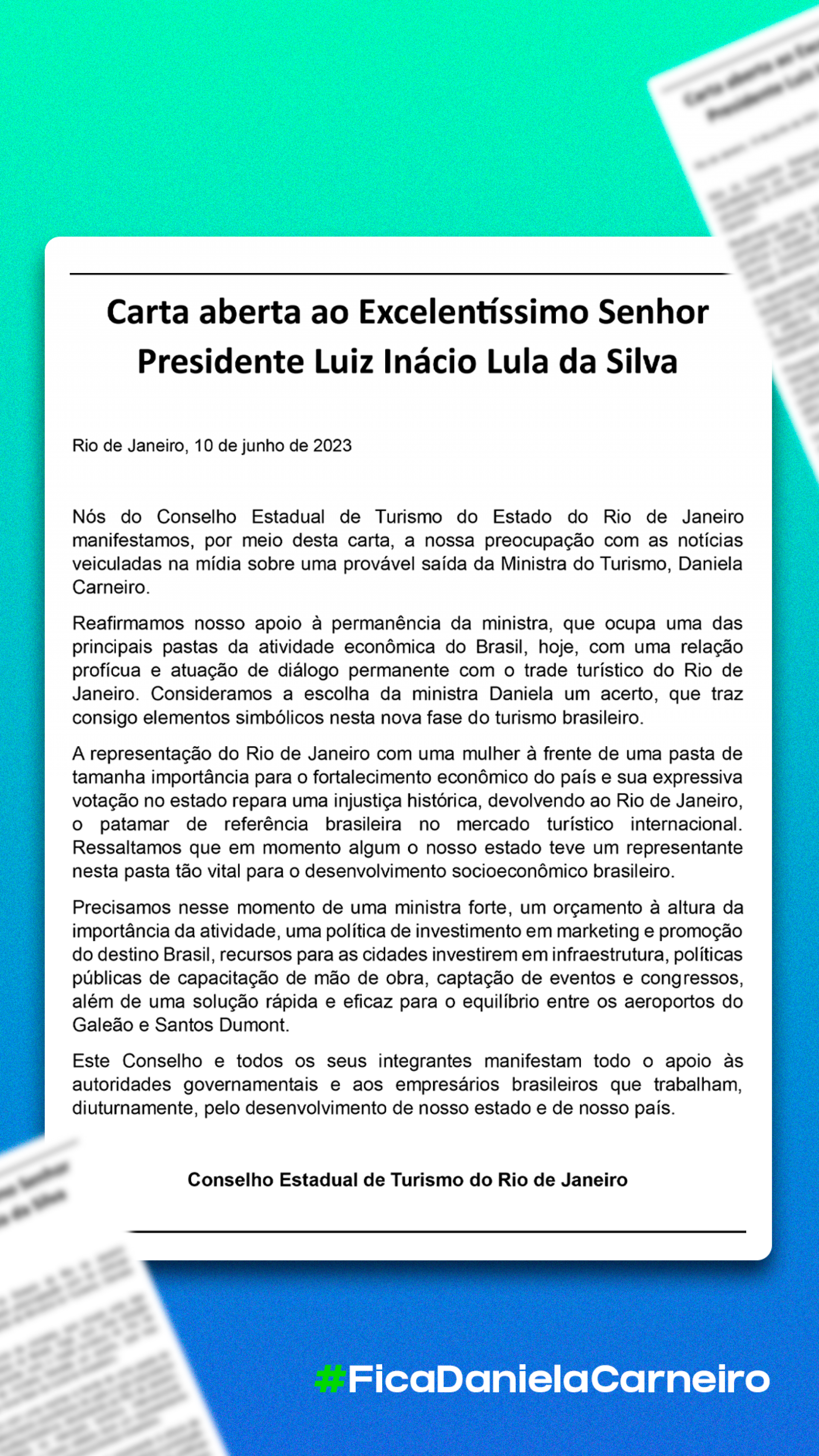 Carta Aberta do Conselho Estadual de Turismo do Rio de Janeiro ao presidente Lula pedindo a continuidade da ministra Daniela Carneiro no Minist&eacute;rio do Turismo
