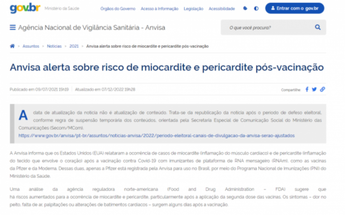 Captura de tela do alerta da Anvisa. O texto dentro do ret&acirc;ngulo cinza explica sobre o per&iacute;odo de defeso eleitoral, ele foi acrescentado no dia 7 de dezembro de 2022 - Reprodu&ccedil;&atilde;o