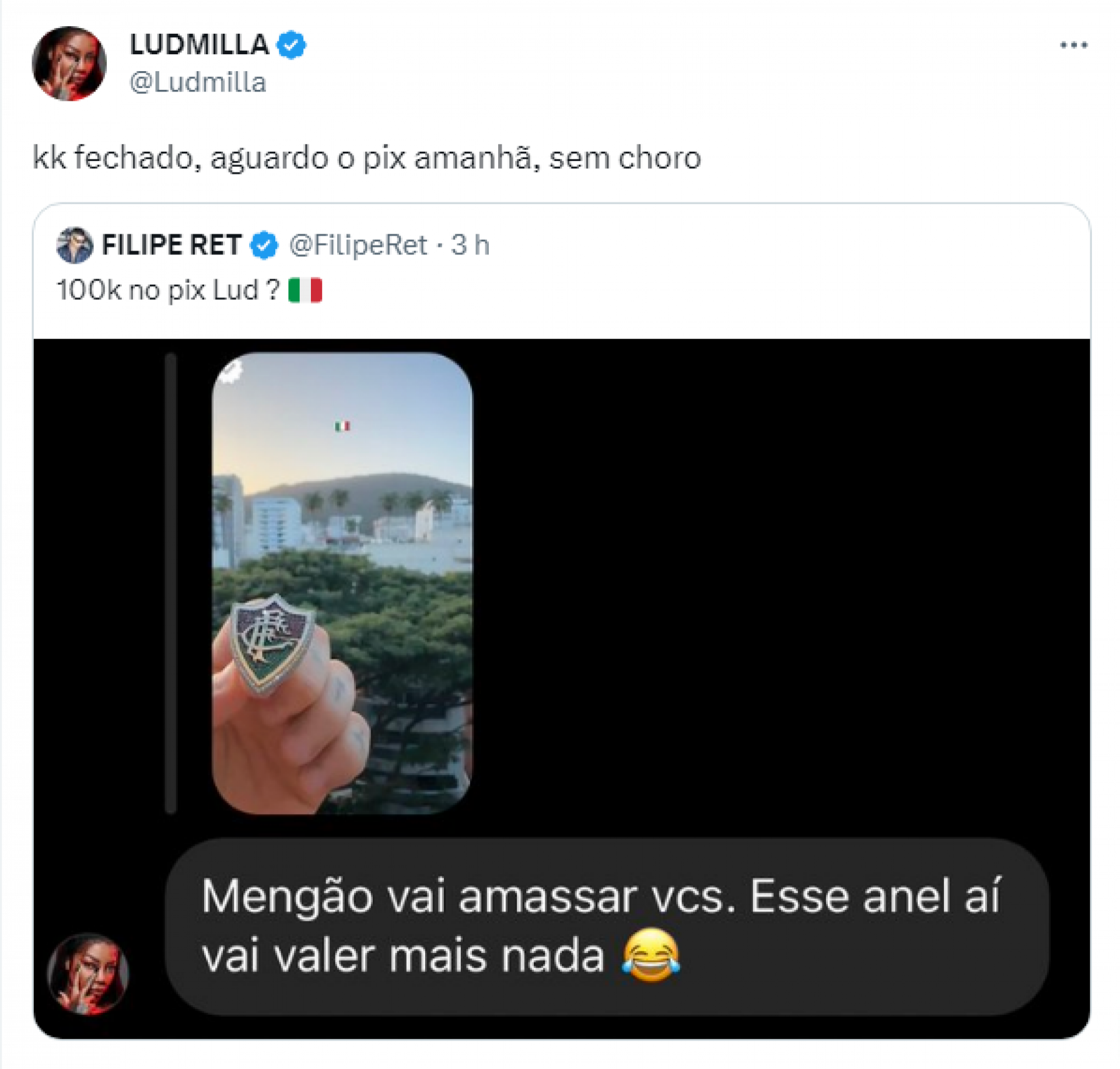 Ludmilla e Felipe Ret apostam em FlaxFlu - Reprodução/Twitter