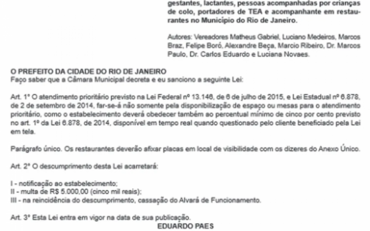Lei que determina aos restaurantes da cidade a afixação de placas informando sobre o atendimento preferencial