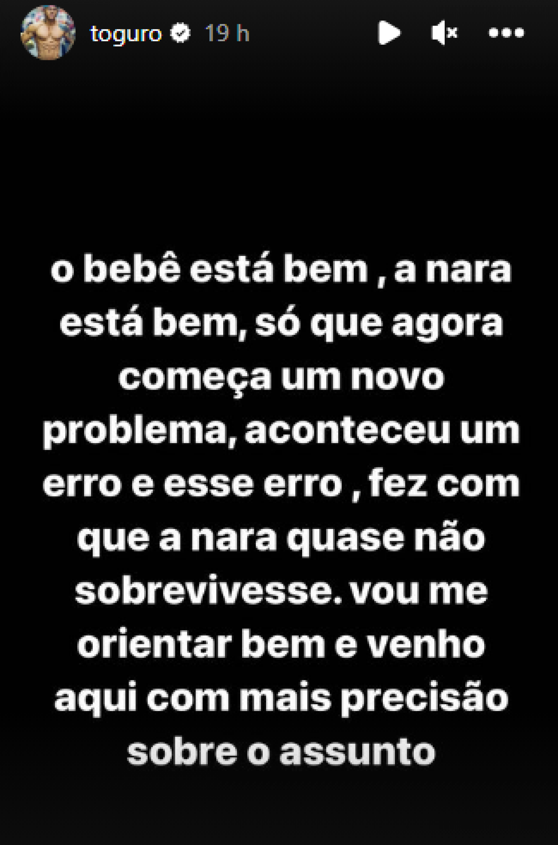 Toguro afirma que houve erro médico no parto da namorada, Nara  - Reprodução/Instagram