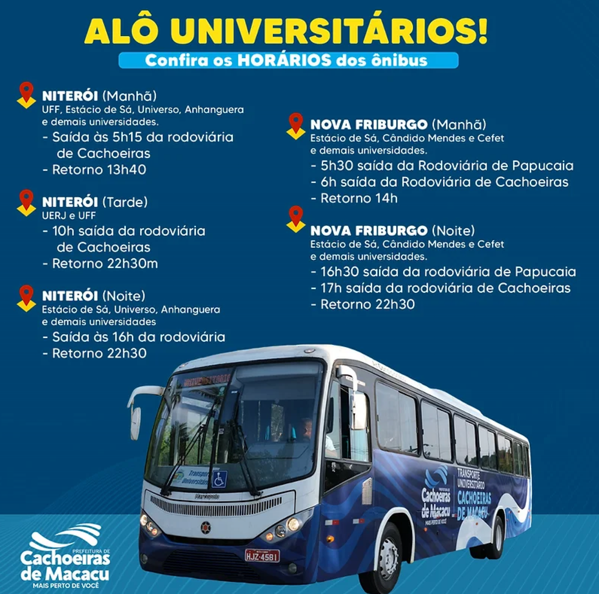 Horários do transporte universitário em Cachoeiras de Macacu - Divulgação Prefeitura de Cachoeiras de Macacu